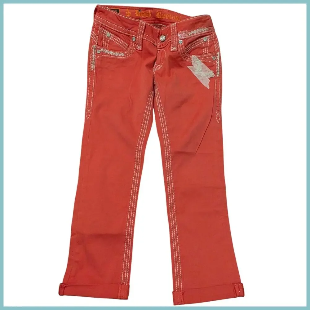 ROCK REVIVAL Scarlett Low Rise Rhinestone Flap Pocket Capri Women's 26 Y2K Bling